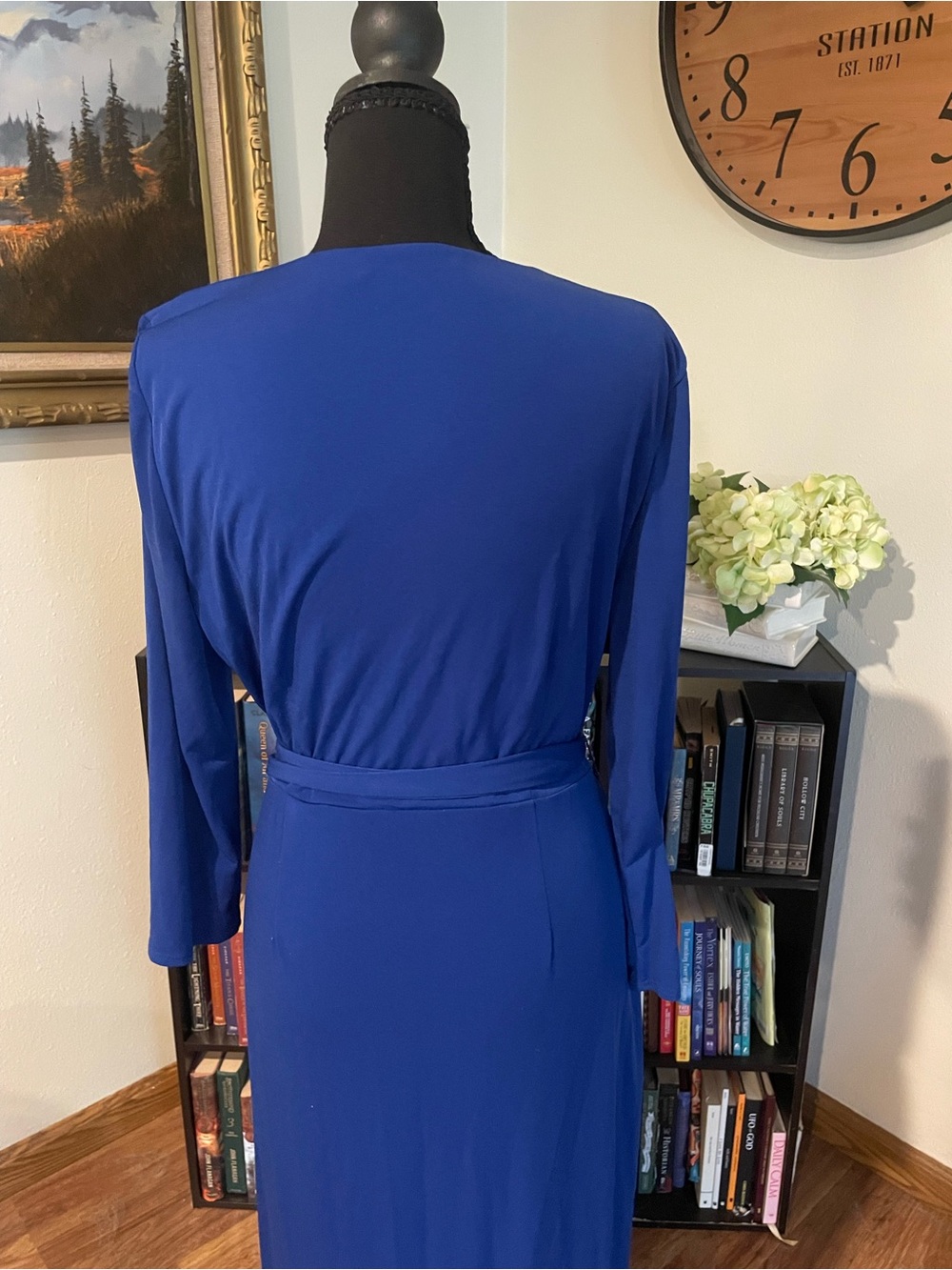 Royal Blue  Long Sleeve Wrap Midi Dress with Tie Waist - Picture 3 of 4